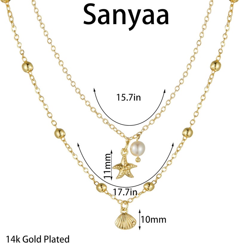 Sanyaa Seashell Starfish Necklace for Women Conch Shell Summer Pearl Beach 14k Gold Layered Dainty Choker - Image 4